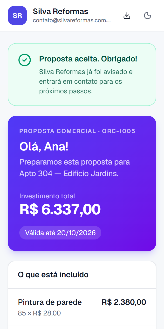 Tela de proposta aceita no celular