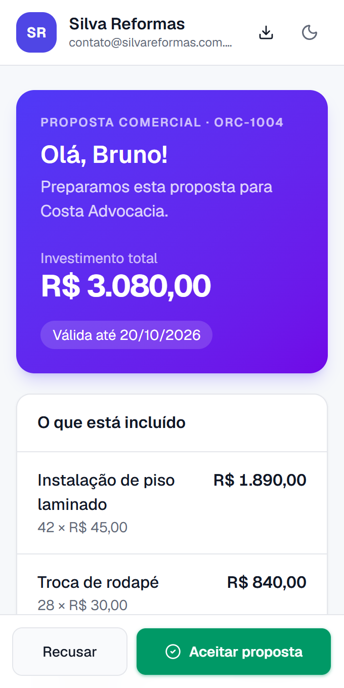 Proposta aberta no celular do cliente com botão Aceitar proposta